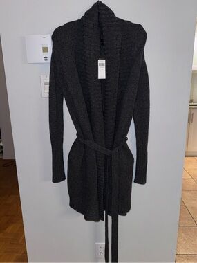 BCBGMaxAzria Dark Charcoal Shawl Collar Belted Cardigan